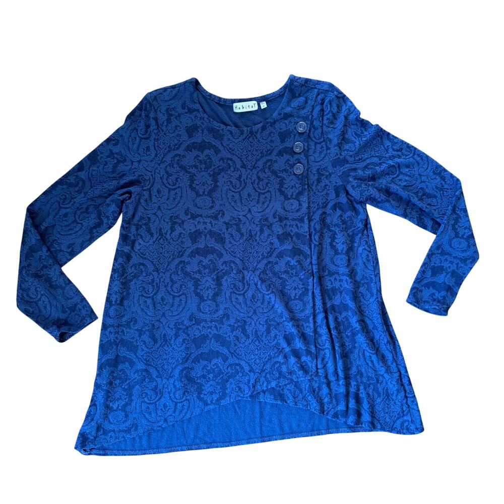 Habitat Clothes to Live In Women Shirt SZ XS Button Blue Jacquard Stretch Staple